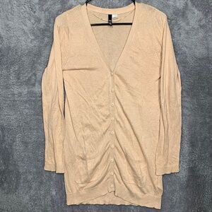 H&M Women’s Beige Cardigan Longline Button Front Pockets Rayon Cotton Blend Size